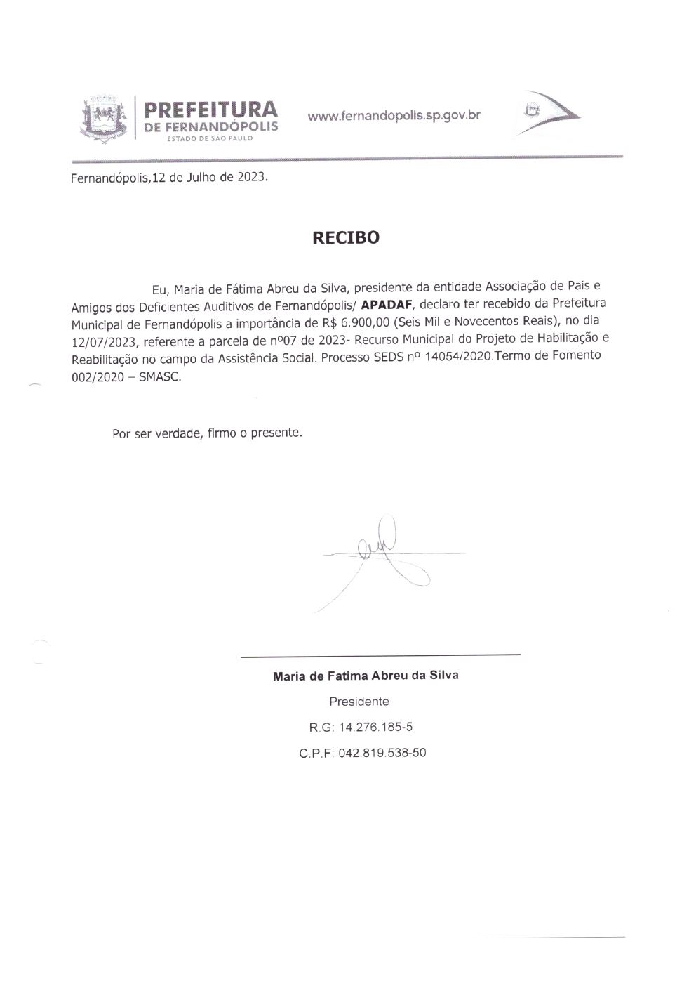 Página 5 de Prestação de Contas Mensal — Habilitação e Reabilitação — 7ª Parcela — Agosto/2023