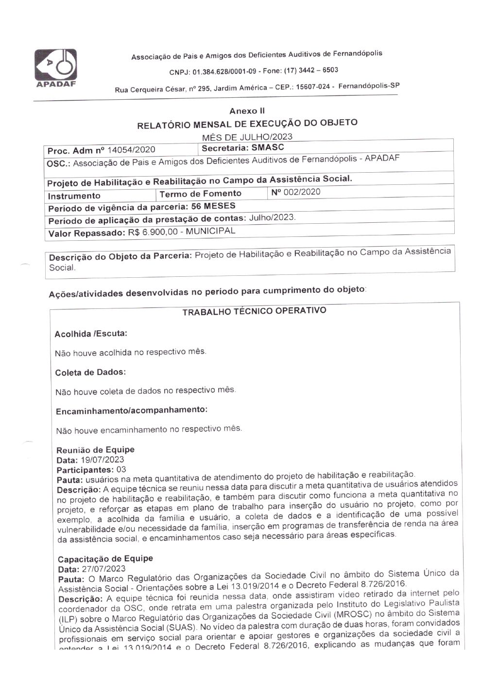 Página 10 de Prestação de Contas Mensal — Habilitação e Reabilitação — 7ª Parcela — Agosto/2023