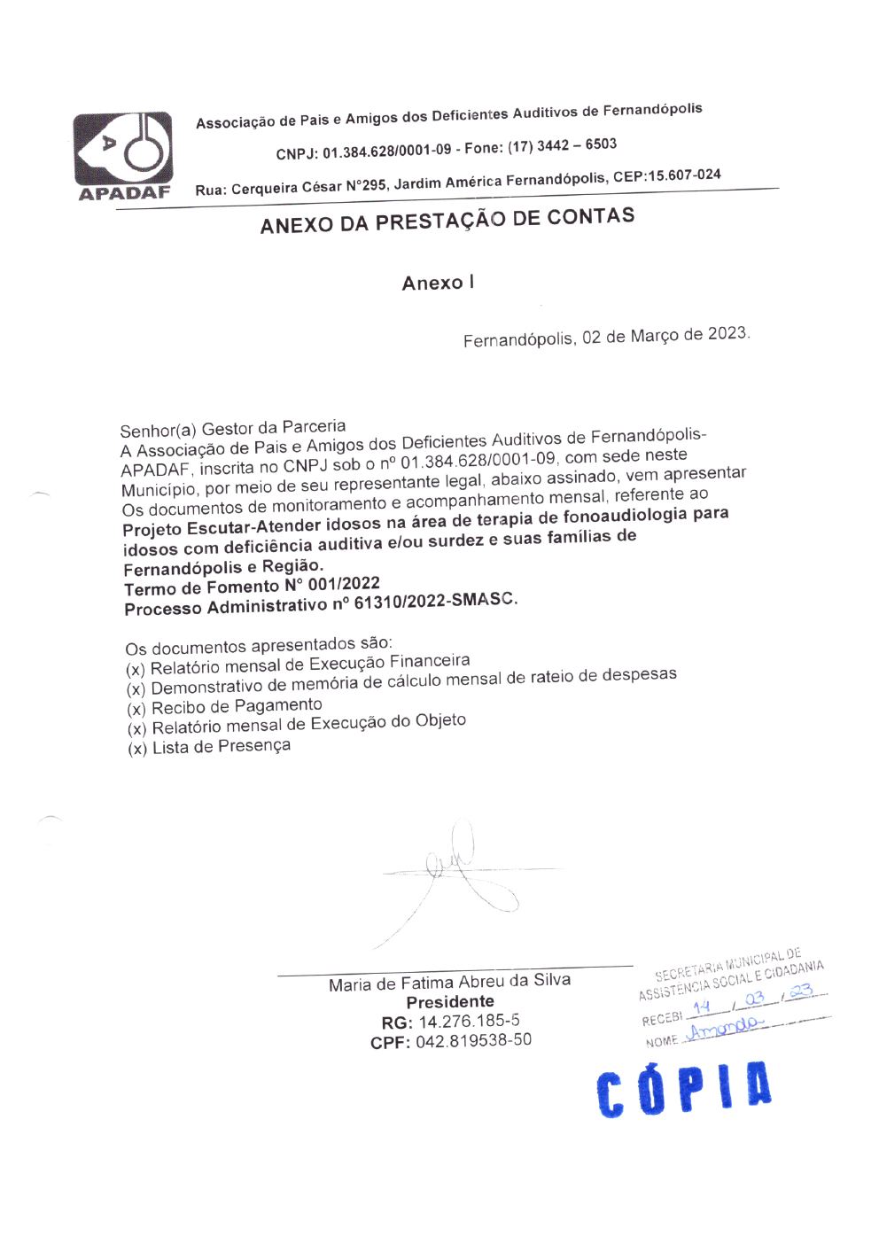 Página 1 de Prestação de Contas Mensal — Projeto Escutar — 1ª Parcela — Março/2023