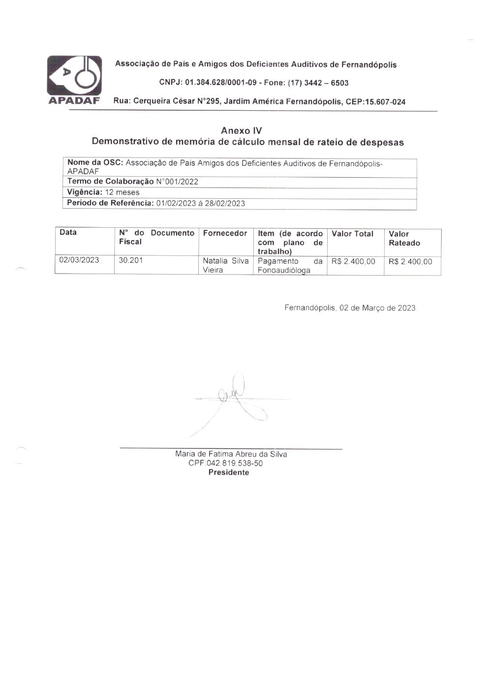Página 3 de Prestação de Contas Mensal — Projeto Escutar — 1ª Parcela — Março/2023