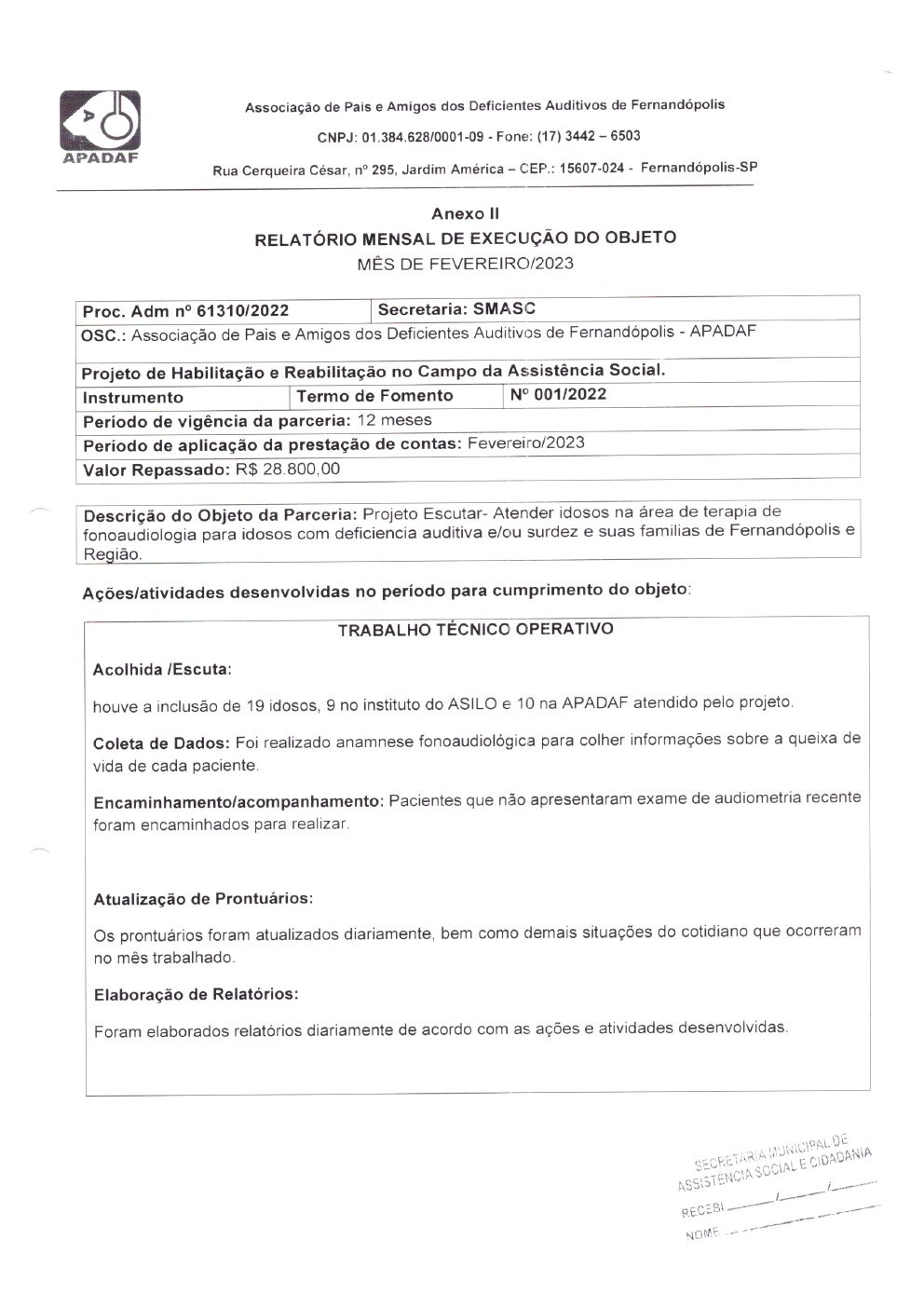 Página 5 de Prestação de Contas Mensal — Projeto Escutar — 1ª Parcela — Março/2023