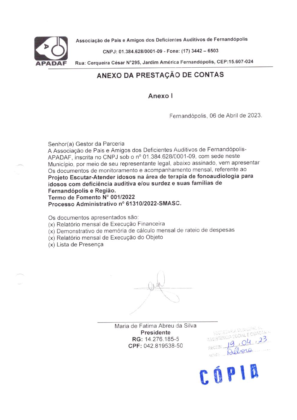 Página 1 de Prestação de Contas Mensal — Projeto Escutar — 2ª Parcela — Abril/2023