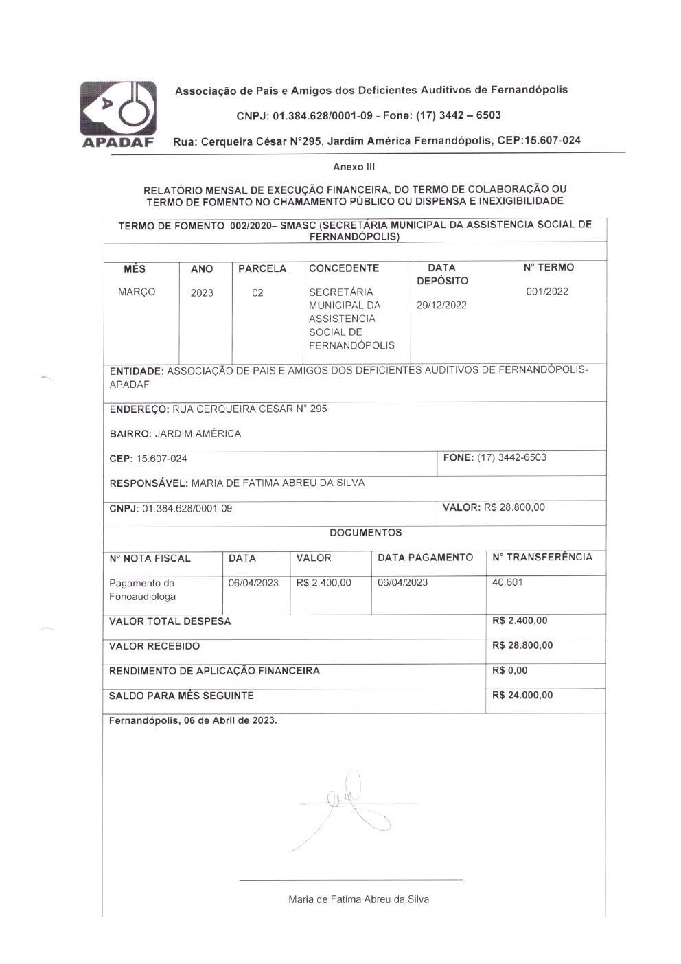 Página 2 de Prestação de Contas Mensal — Projeto Escutar — 2ª Parcela — Abril/2023