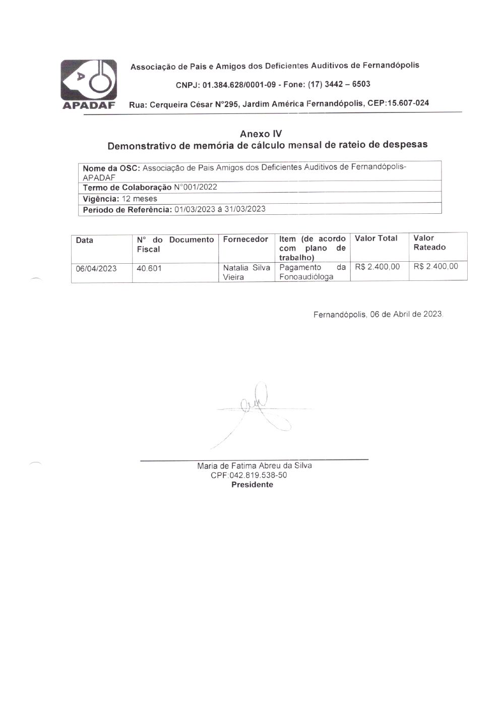 Página 3 de Prestação de Contas Mensal — Projeto Escutar — 2ª Parcela — Abril/2023