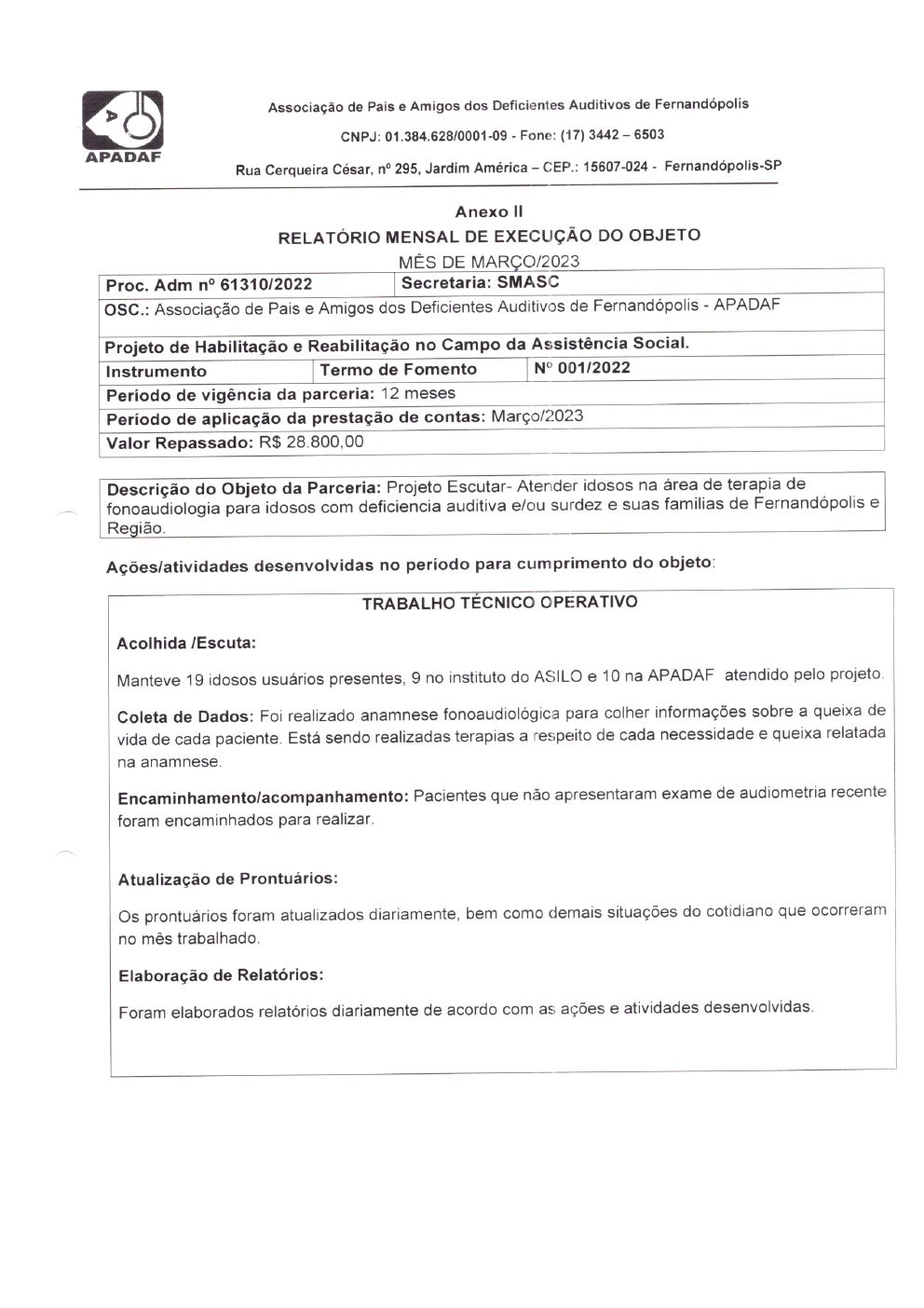 Página 4 de Prestação de Contas Mensal — Projeto Escutar — 2ª Parcela — Abril/2023