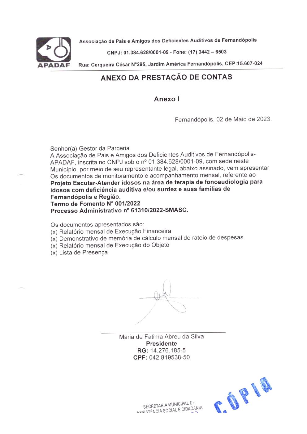 Página 1 de Prestação de Contas Mensal — Projeto Escutar — 3ª Parcela — Maio/2023