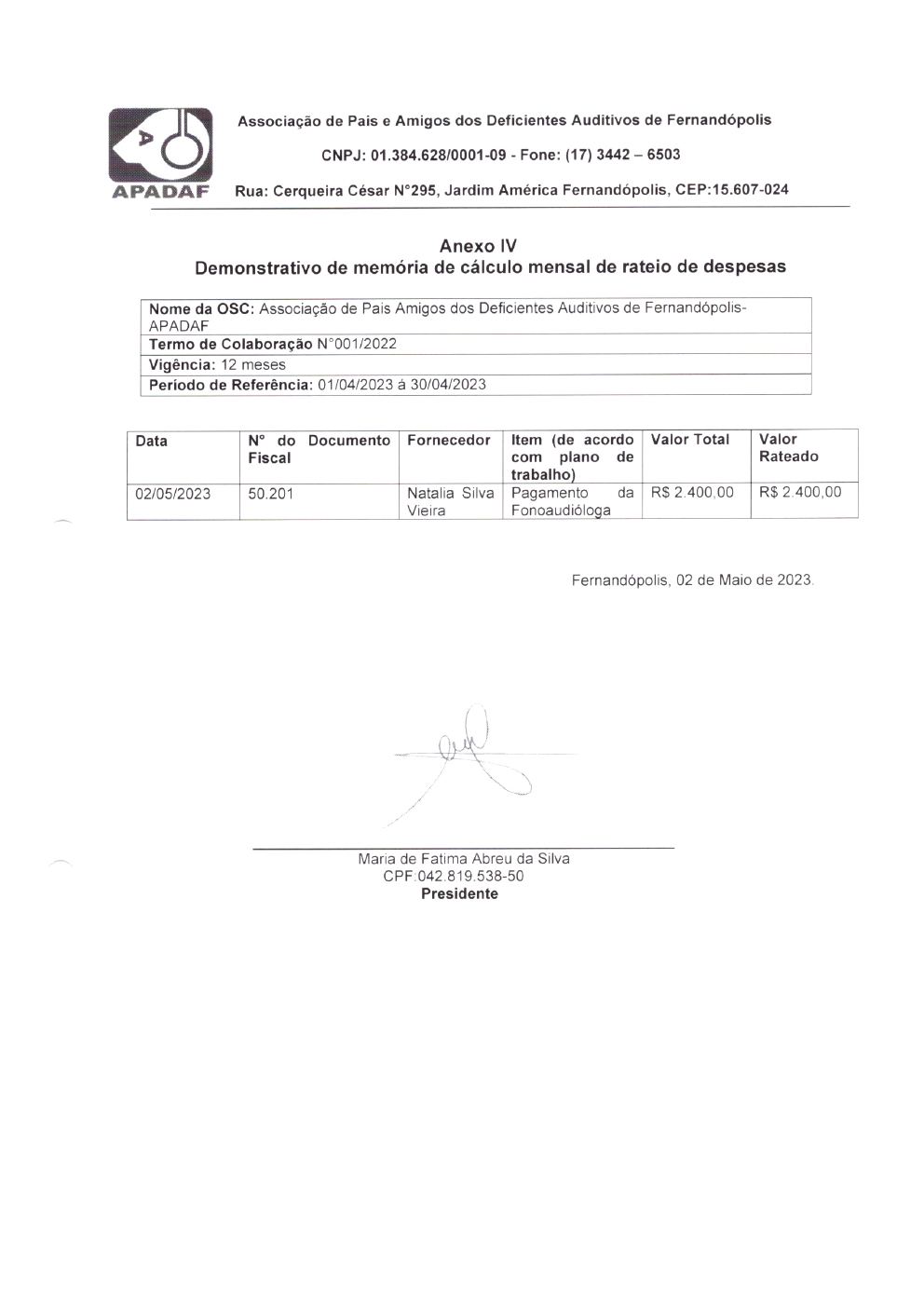 Página 3 de Prestação de Contas Mensal — Projeto Escutar — 3ª Parcela — Maio/2023