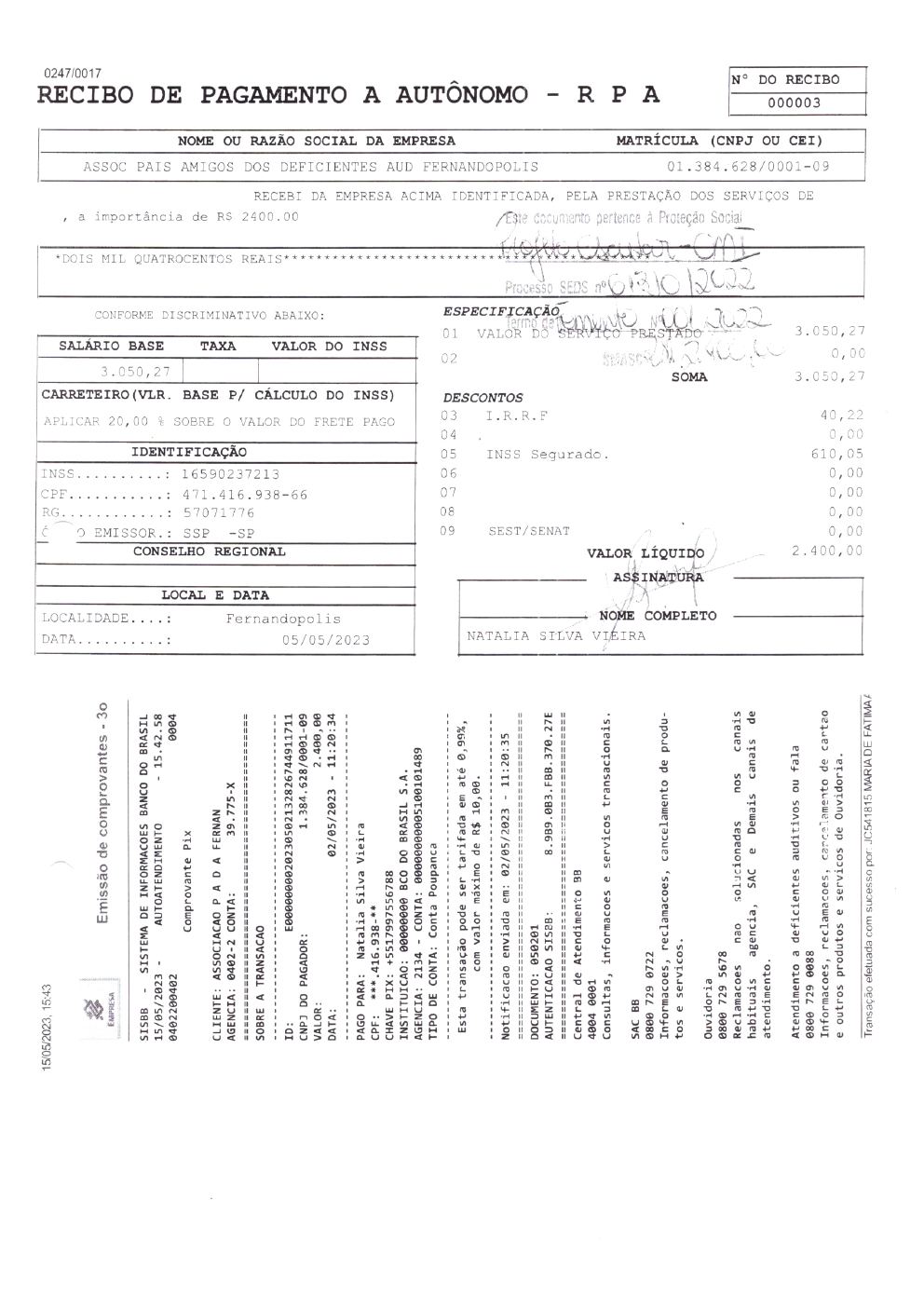 Página 5 de Prestação de Contas Mensal — Projeto Escutar — 3ª Parcela — Maio/2023