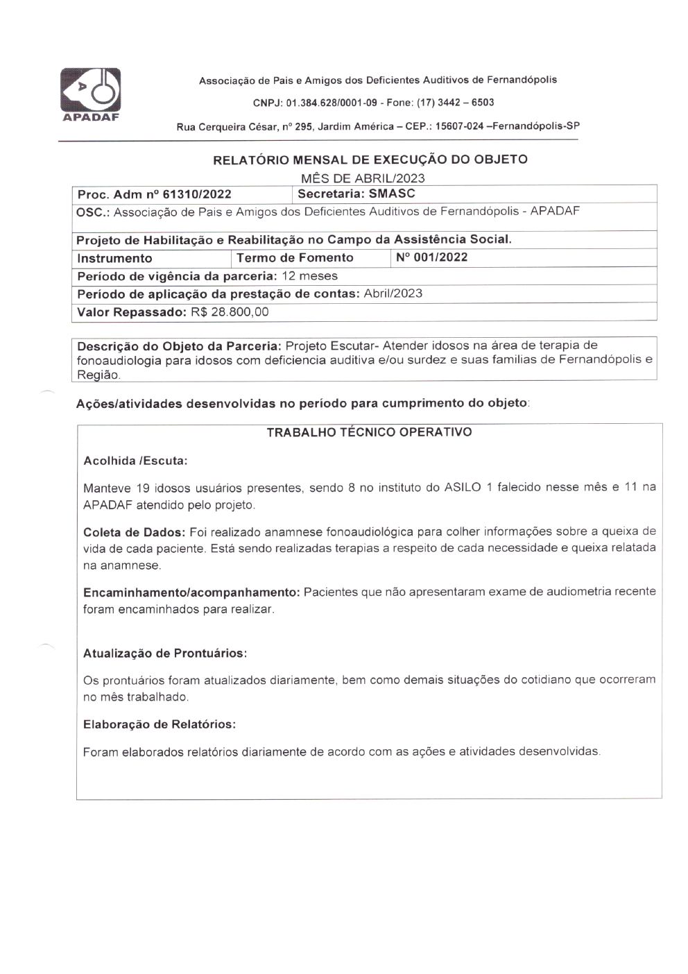 Página 6 de Prestação de Contas Mensal — Projeto Escutar — 3ª Parcela — Maio/2023