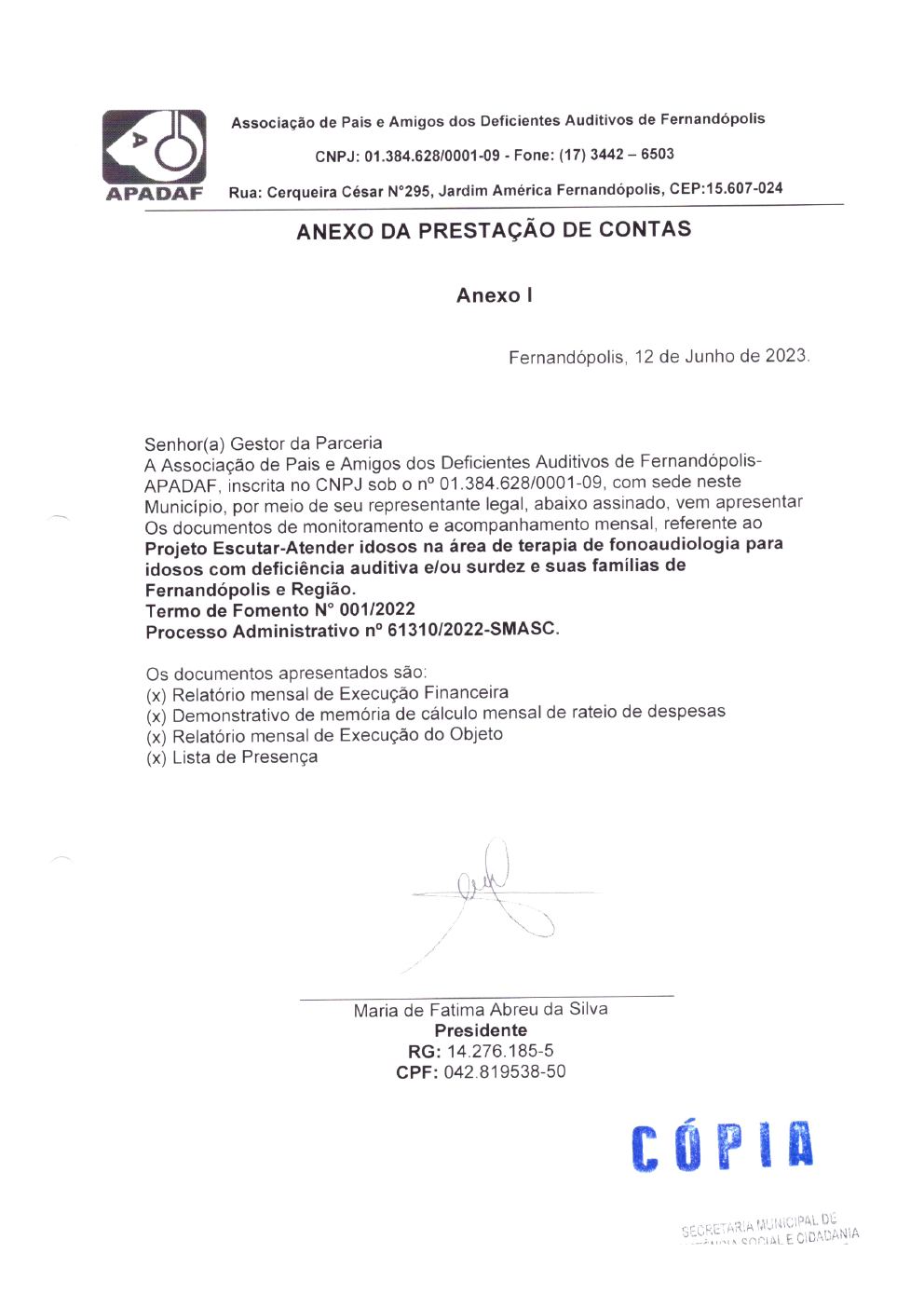 Página 1 de Prestação de Contas Mensal — Projeto Escutar — 4ª Parcela — Junho/2023