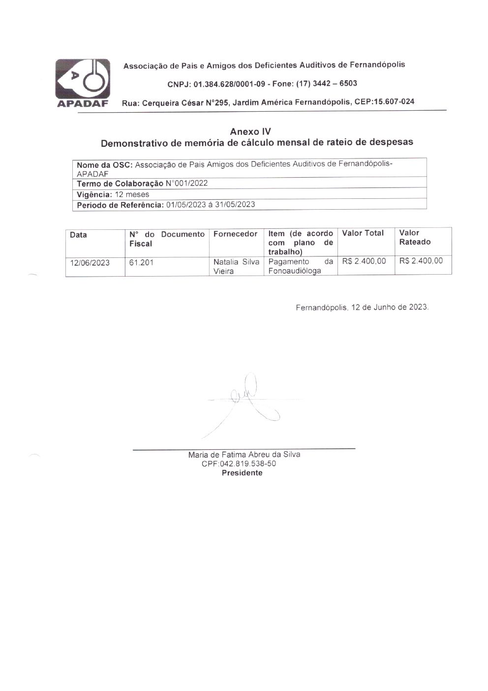 Página 3 de Prestação de Contas Mensal — Projeto Escutar — 4ª Parcela — Junho/2023