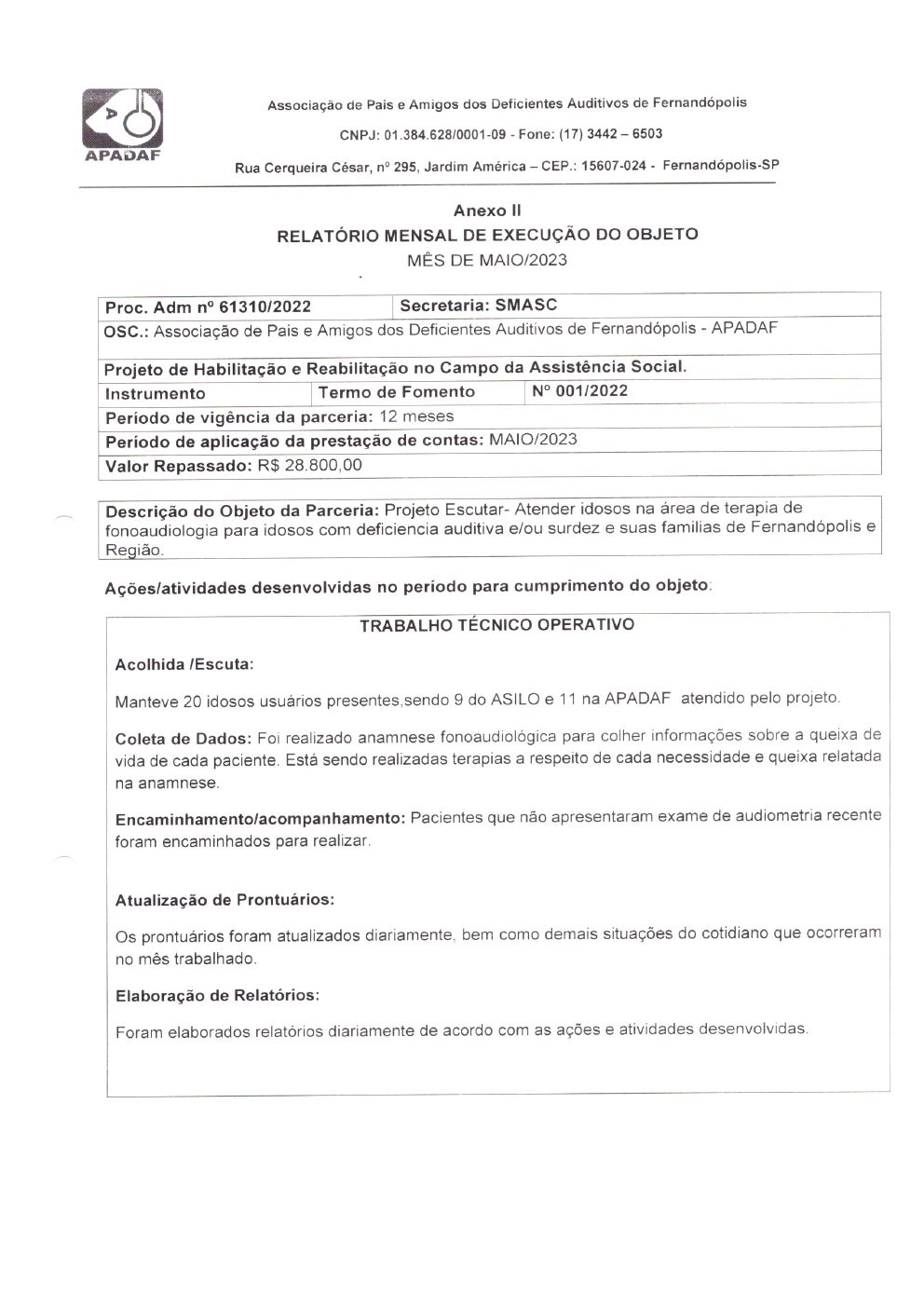 Página 6 de Prestação de Contas Mensal — Projeto Escutar — 4ª Parcela — Junho/2023
