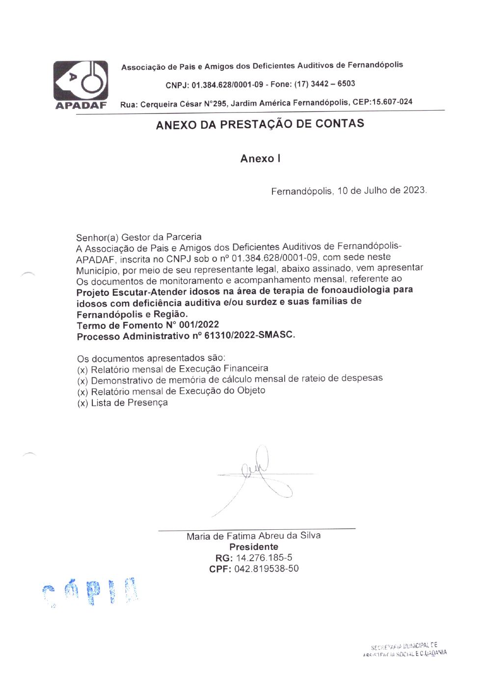 Página 1 de Prestação de Contas Mensal — Projeto Escutar — 5ª Parcela — Julho/2023