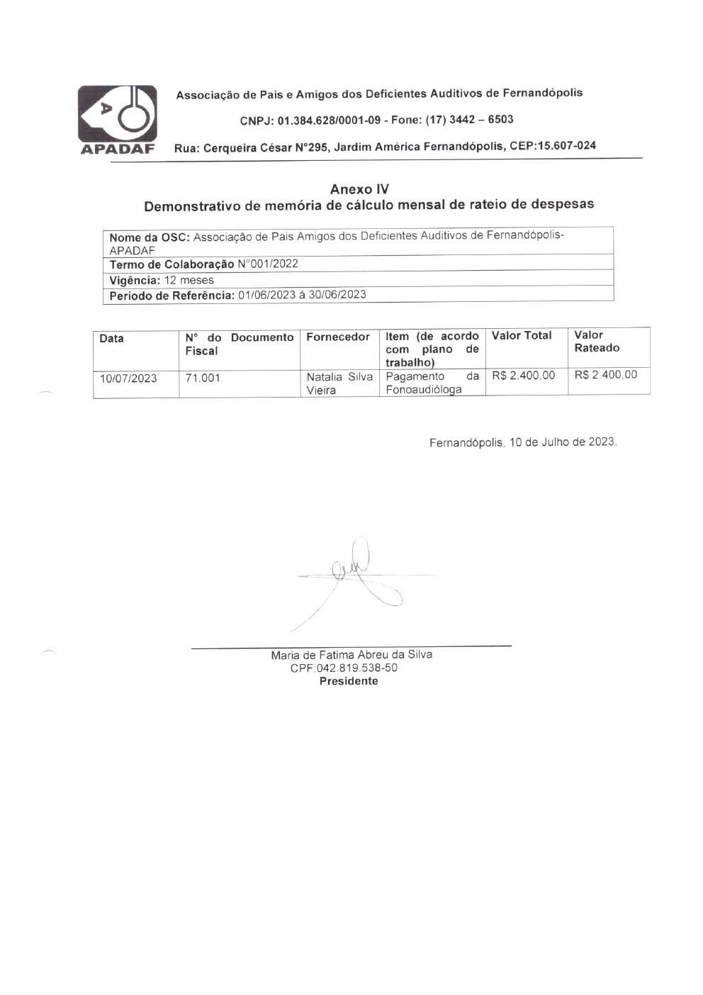 Página 3 de Prestação de Contas Mensal — Projeto Escutar — 5ª Parcela — Julho/2023