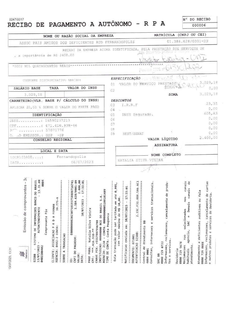Página 5 de Prestação de Contas Mensal — Projeto Escutar — 5ª Parcela — Julho/2023