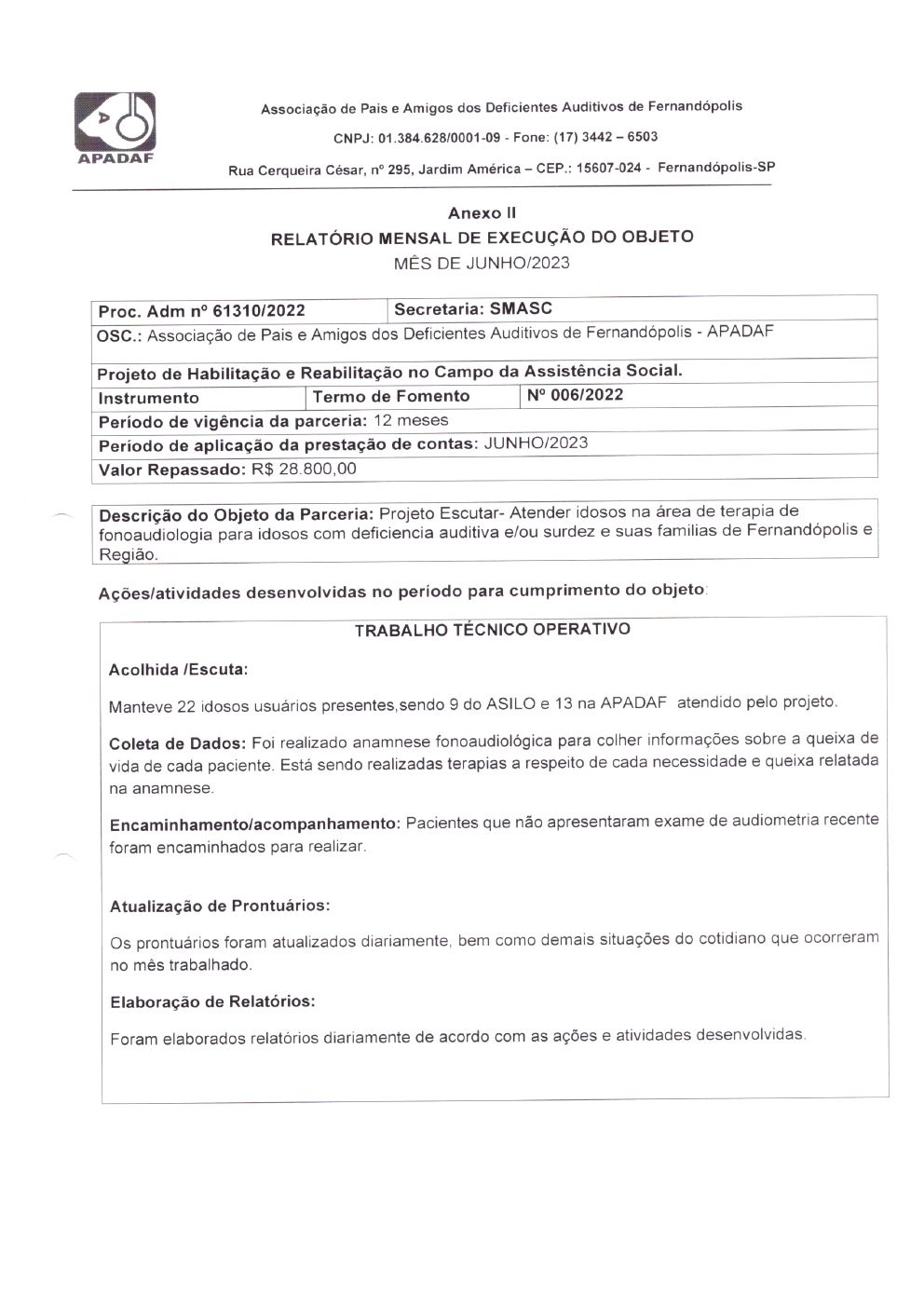Página 6 de Prestação de Contas Mensal — Projeto Escutar — 5ª Parcela — Julho/2023