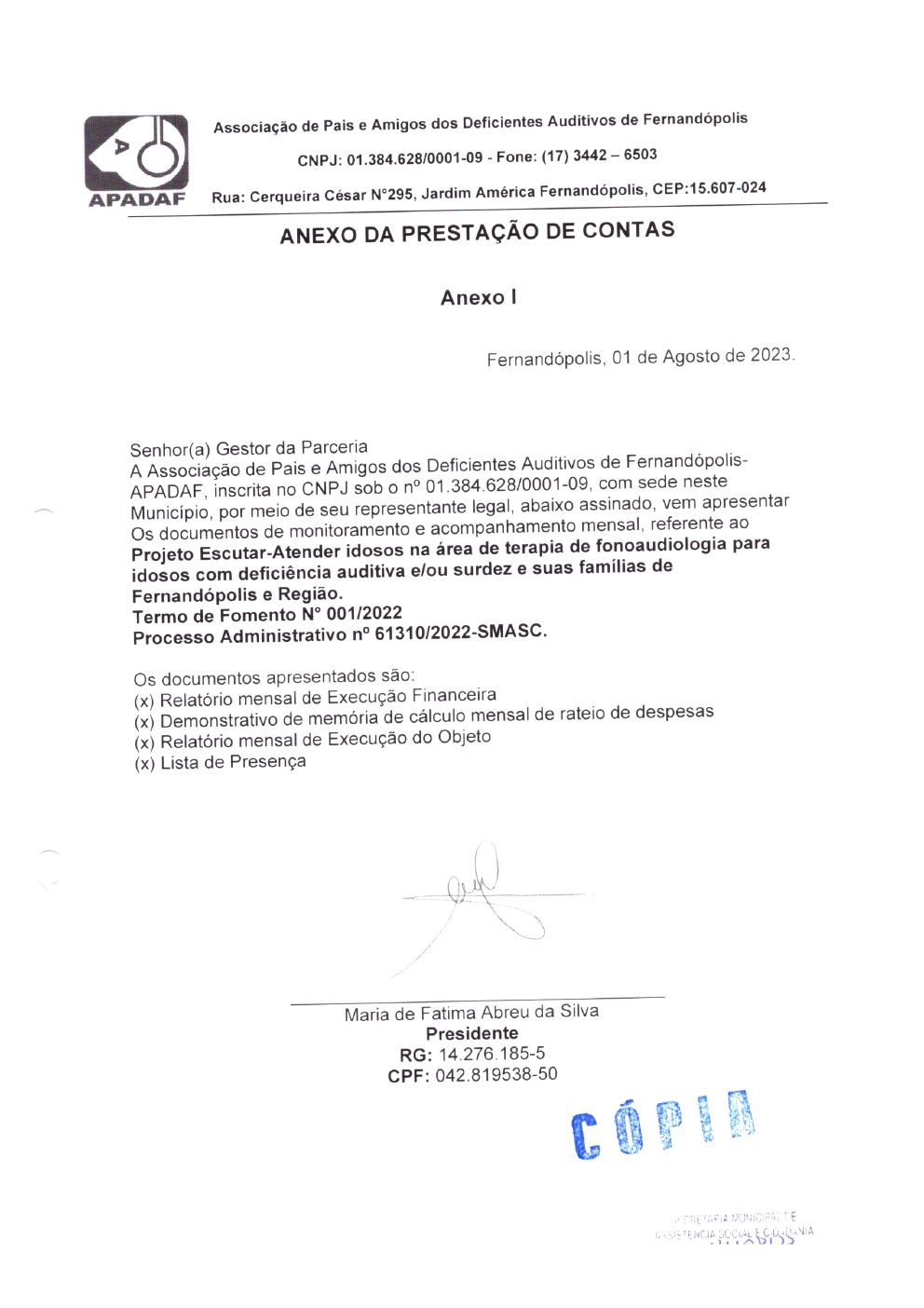 Página 1 de Prestação de Contas Mensal — Projeto Escutar — 6ª Parcela — Agosto/2023