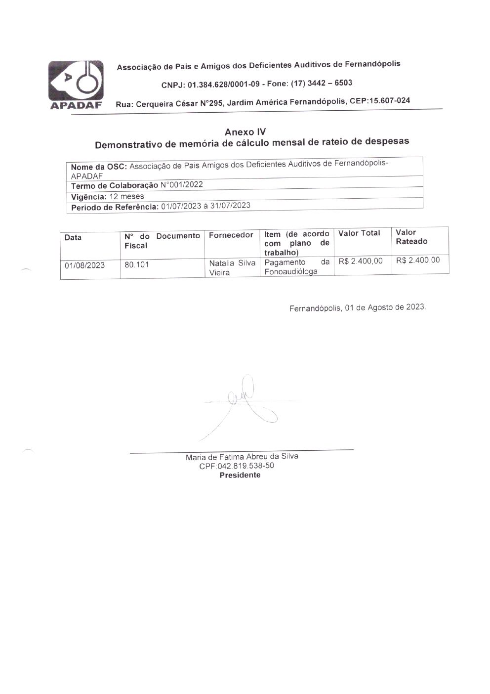Página 3 de Prestação de Contas Mensal — Projeto Escutar — 6ª Parcela — Agosto/2023
