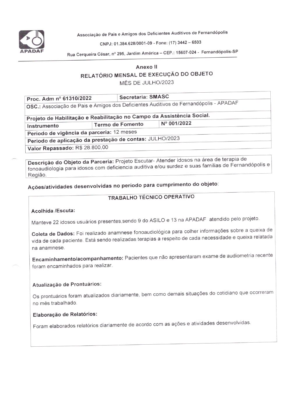 Página 6 de Prestação de Contas Mensal — Projeto Escutar — 6ª Parcela — Agosto/2023