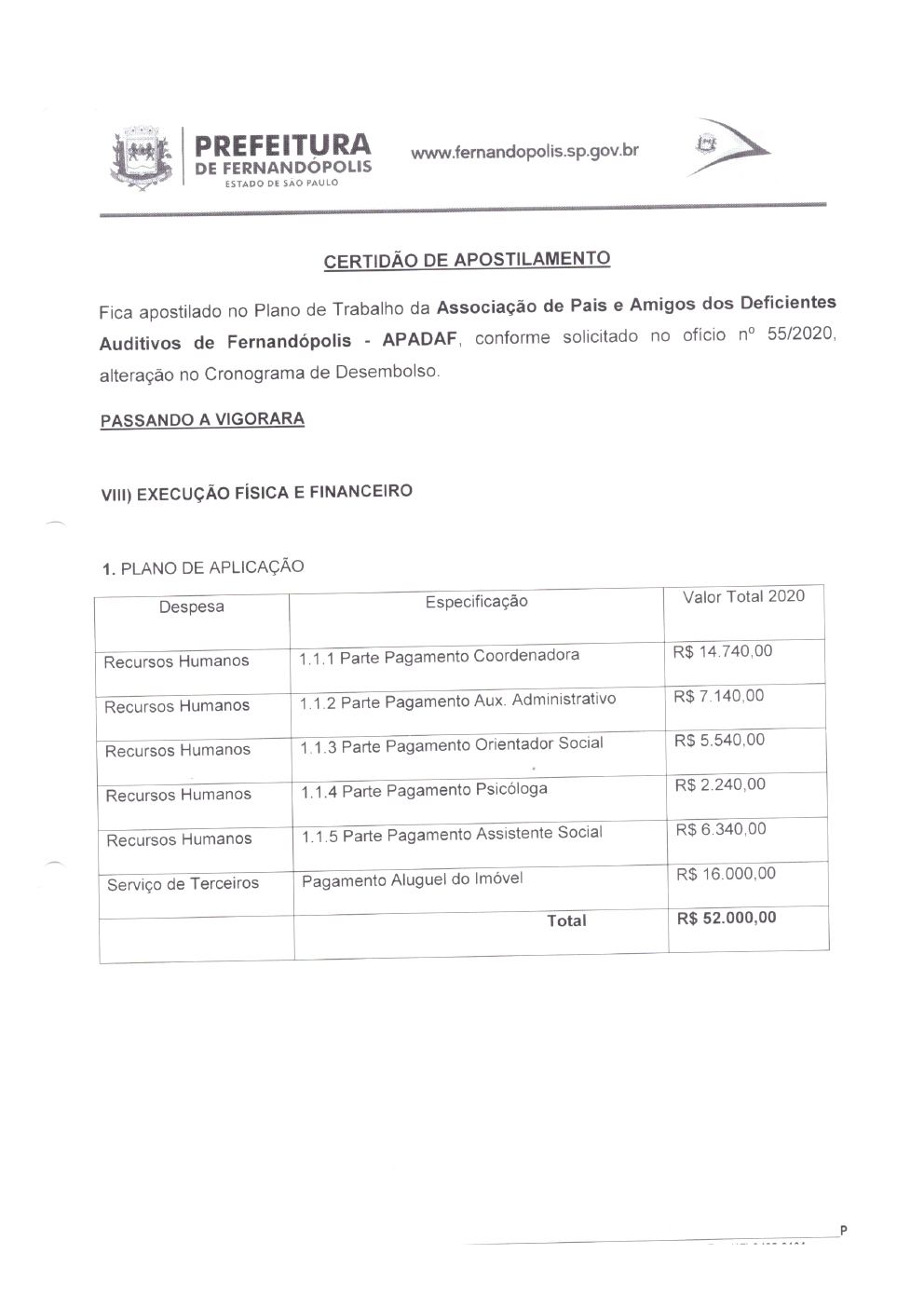 Página 1 de Certidão de Apostilamento — Cronograma de Desembolso — Habilitação e Reabilitação — 2020