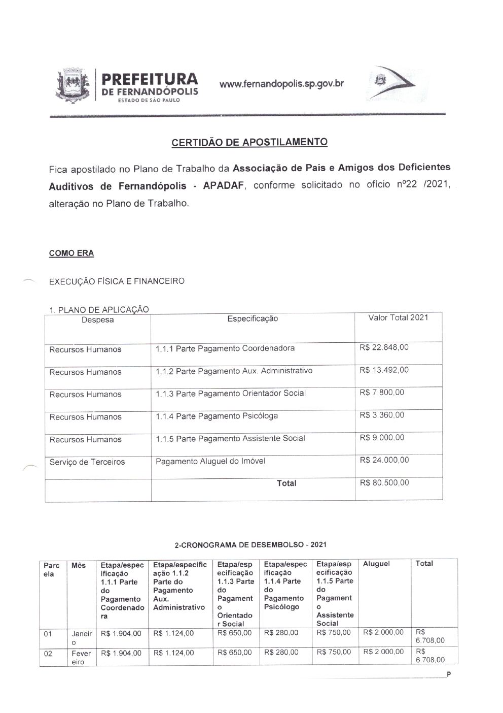 Página 1 de Certidão de Apostilamento — Plano de Trabalho 2021 — Habilitação e Reabilitação