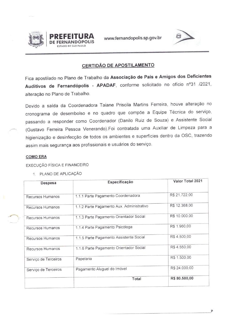 Página 1 de Certidão de Apostilamento — Alteração da Equipe Técnica — 2021