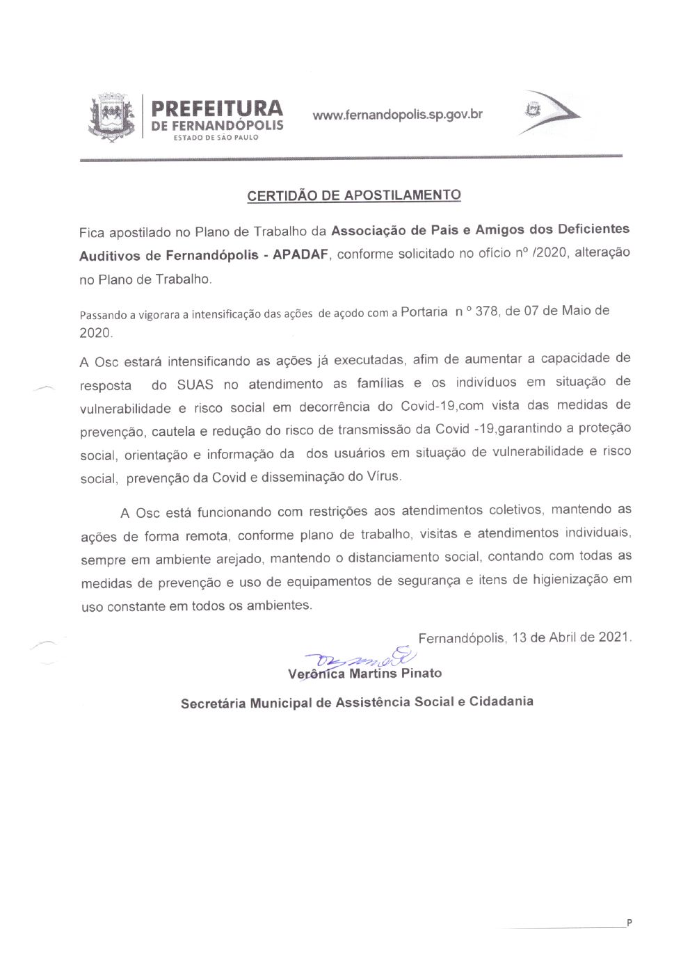 Página 1 de Certidão de Apostilamento — Intensificação das Ações (Portaria nº 378/2020) — 2020