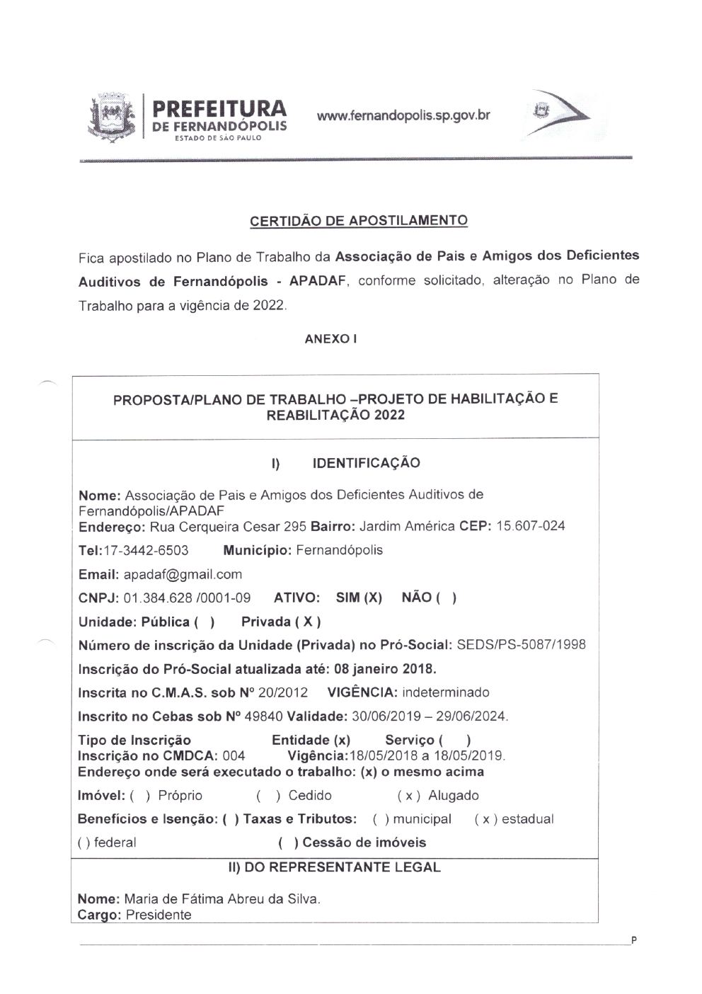 Página 1 de Certidão de Apostilamento — Plano de Trabalho 2022 — Habilitação e Reabilitação