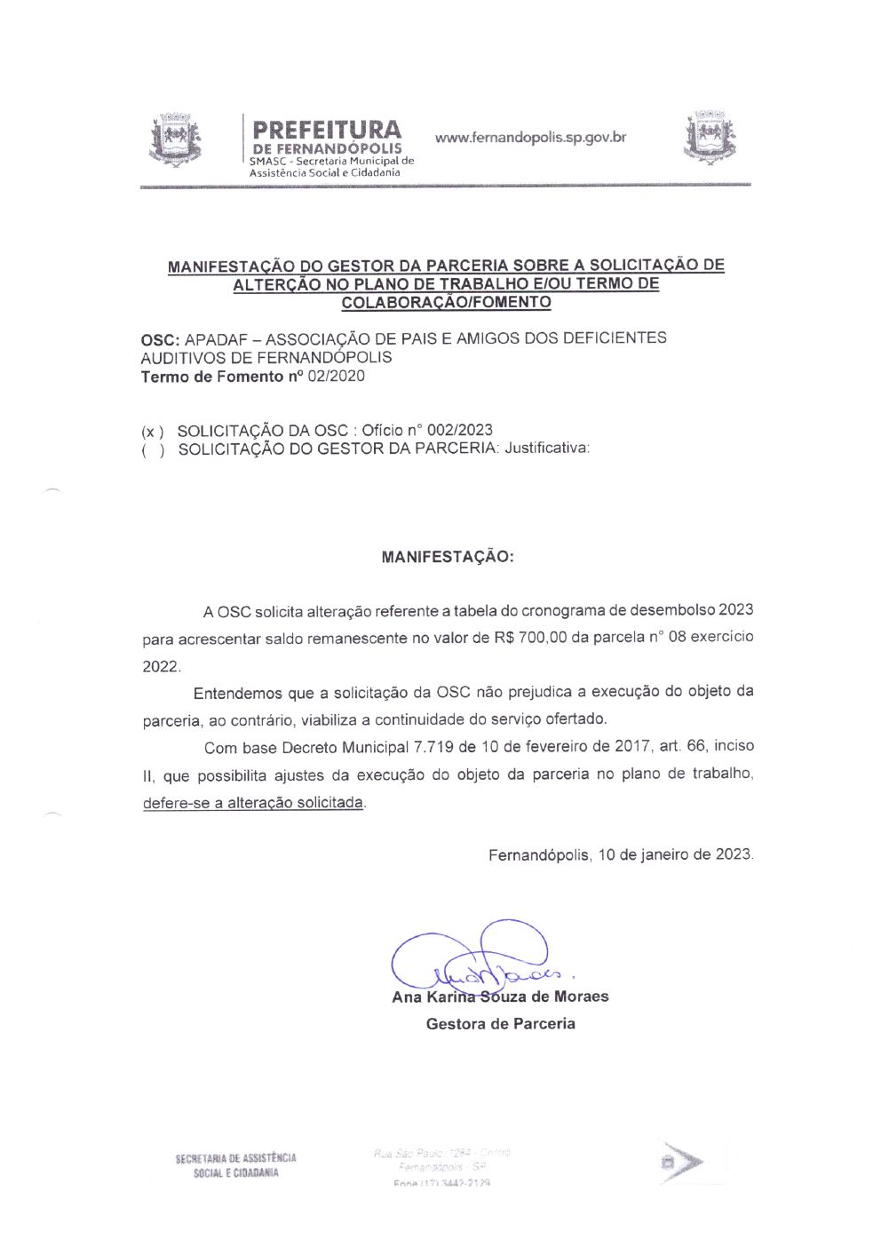 Página 1 de Manifestação do Gestor da Parceria — Alteração do Plano de Trabalho — Habilitação e Reabilitação — 2023