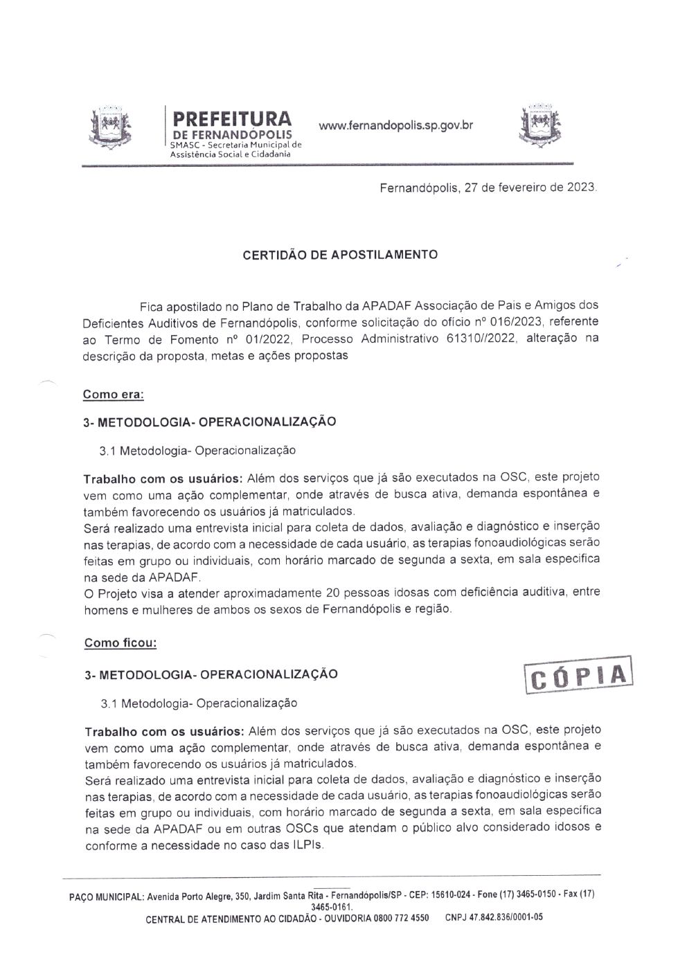 Página 1 de Certidão de Apostilamento — Projeto Escutar — 2023
