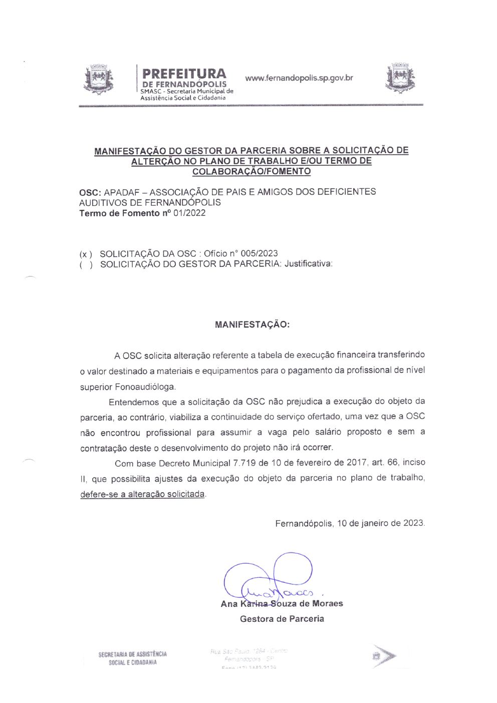 Página 1 de Manifestação do Gestor da Parceria — Alteração do Plano de Trabalho — Projeto Escutar — 2023
