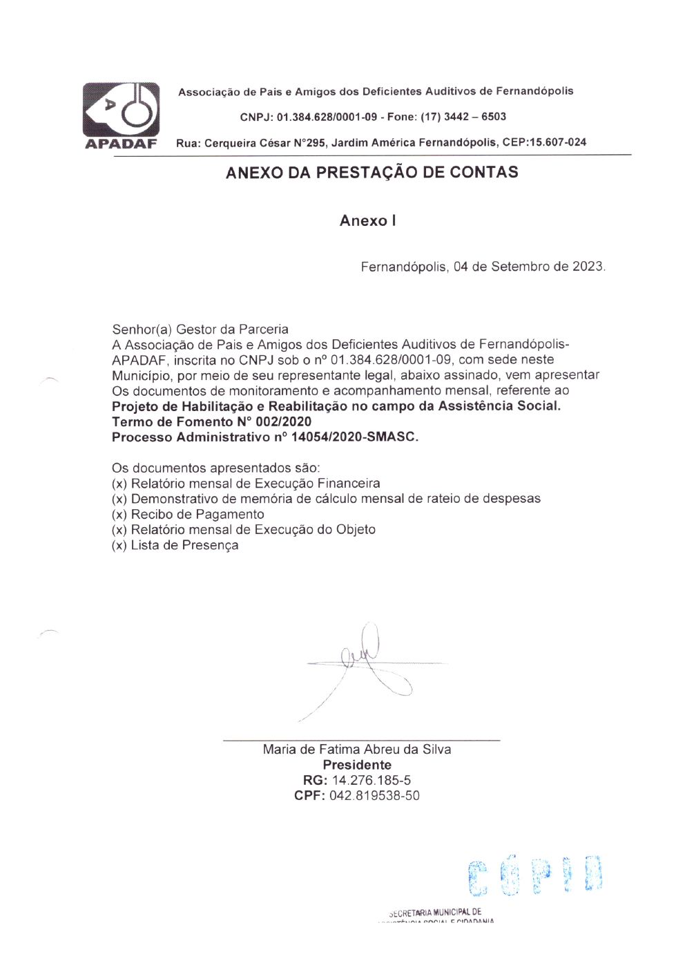 Página 1 de Prestação de Contas Mensal — Habilitação e Reabilitação — 8ª Parcela — Setembro/2023