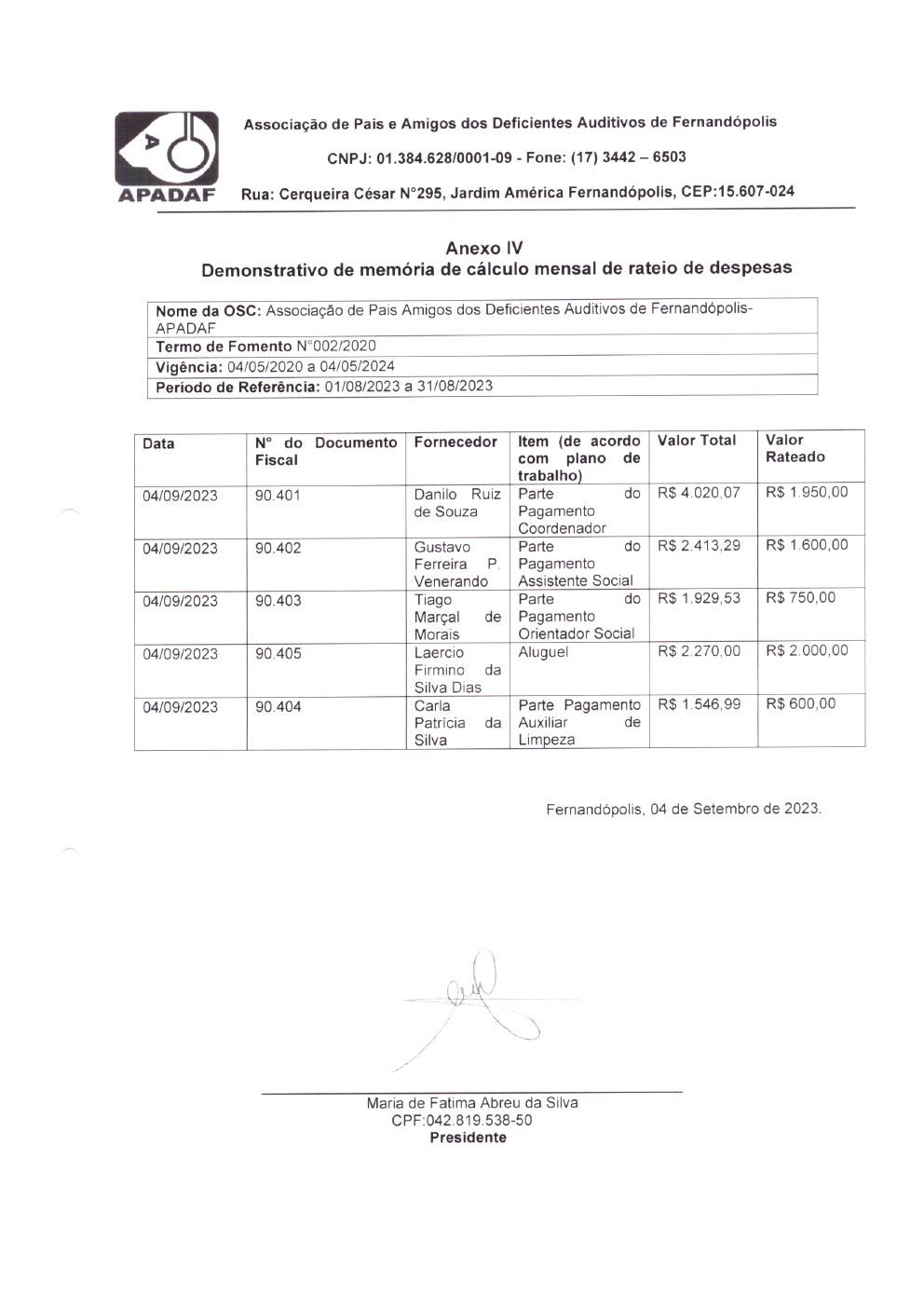 Página 4 de Prestação de Contas Mensal — Habilitação e Reabilitação — 8ª Parcela — Setembro/2023