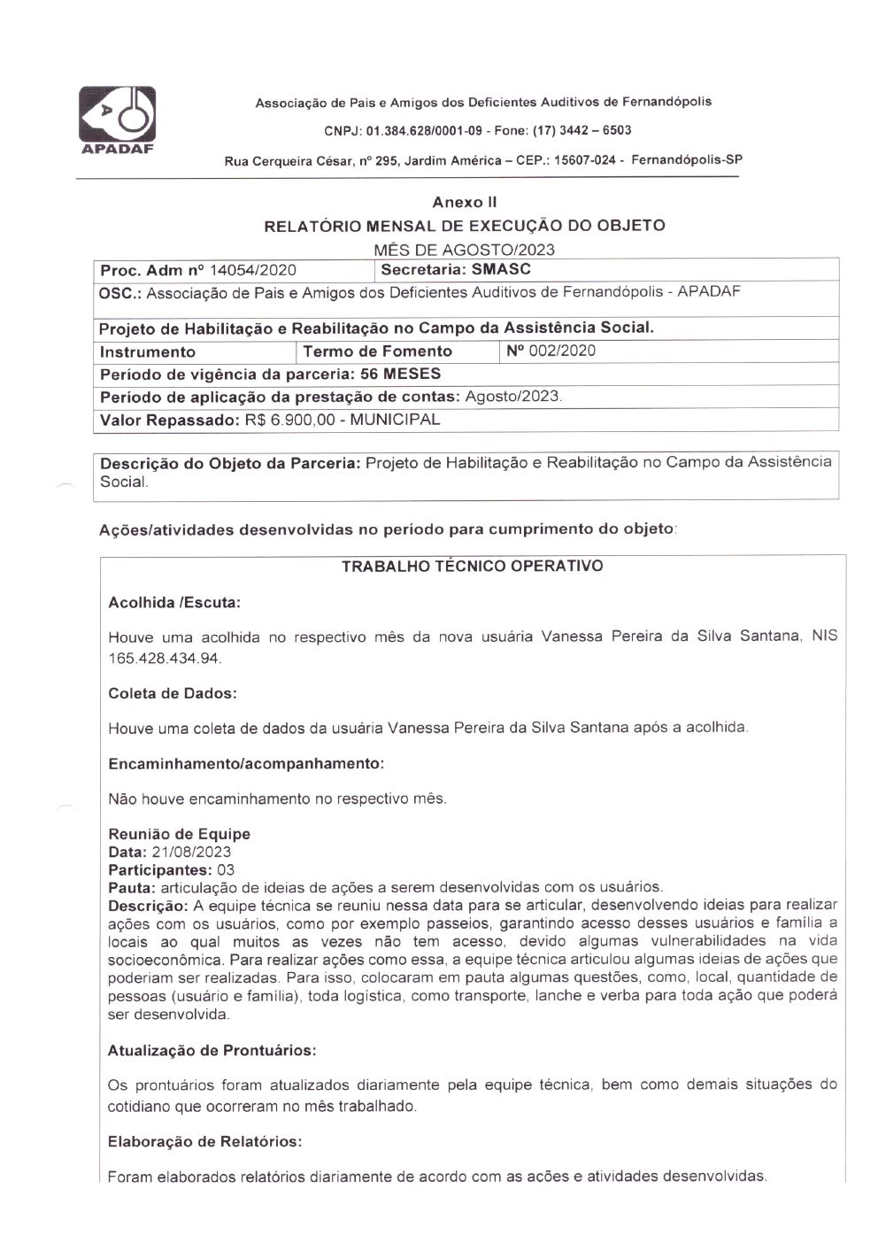 Página 6 de Prestação de Contas Mensal — Habilitação e Reabilitação — 8ª Parcela — Setembro/2023