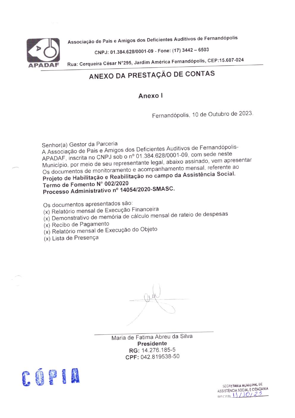 Página 1 de Prestação de Contas Mensal — Habilitação e Reabilitação — 9ª Parcela — Outubro/2023