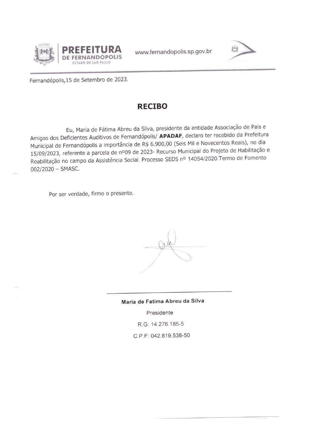 Página 5 de Prestação de Contas Mensal — Habilitação e Reabilitação — 9ª Parcela — Outubro/2023
