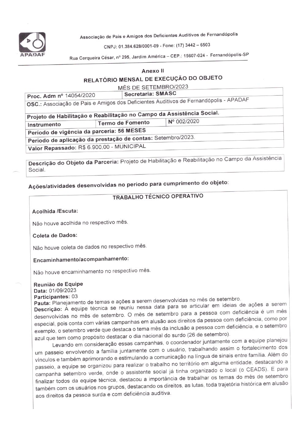 Página 6 de Prestação de Contas Mensal — Habilitação e Reabilitação — 9ª Parcela — Outubro/2023