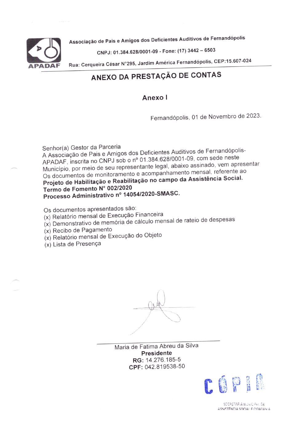 Página 1 de Prestação de Contas Mensal — Habilitação e Reabilitação — 10ª Parcela — Novembro/2023