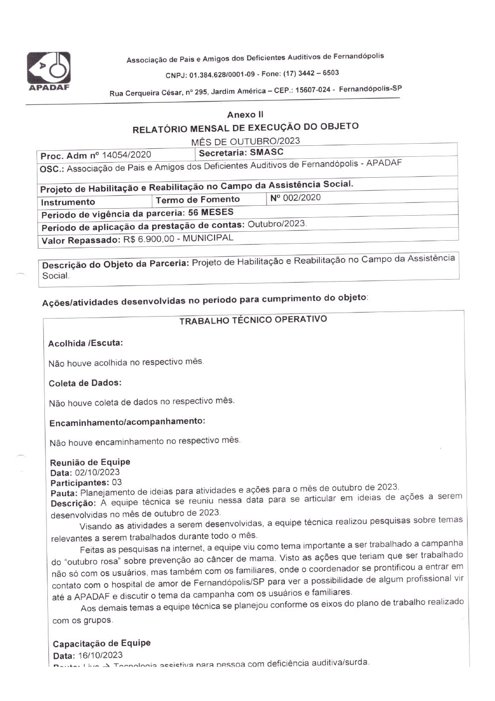 Página 6 de Prestação de Contas Mensal — Habilitação e Reabilitação — 10ª Parcela — Novembro/2023