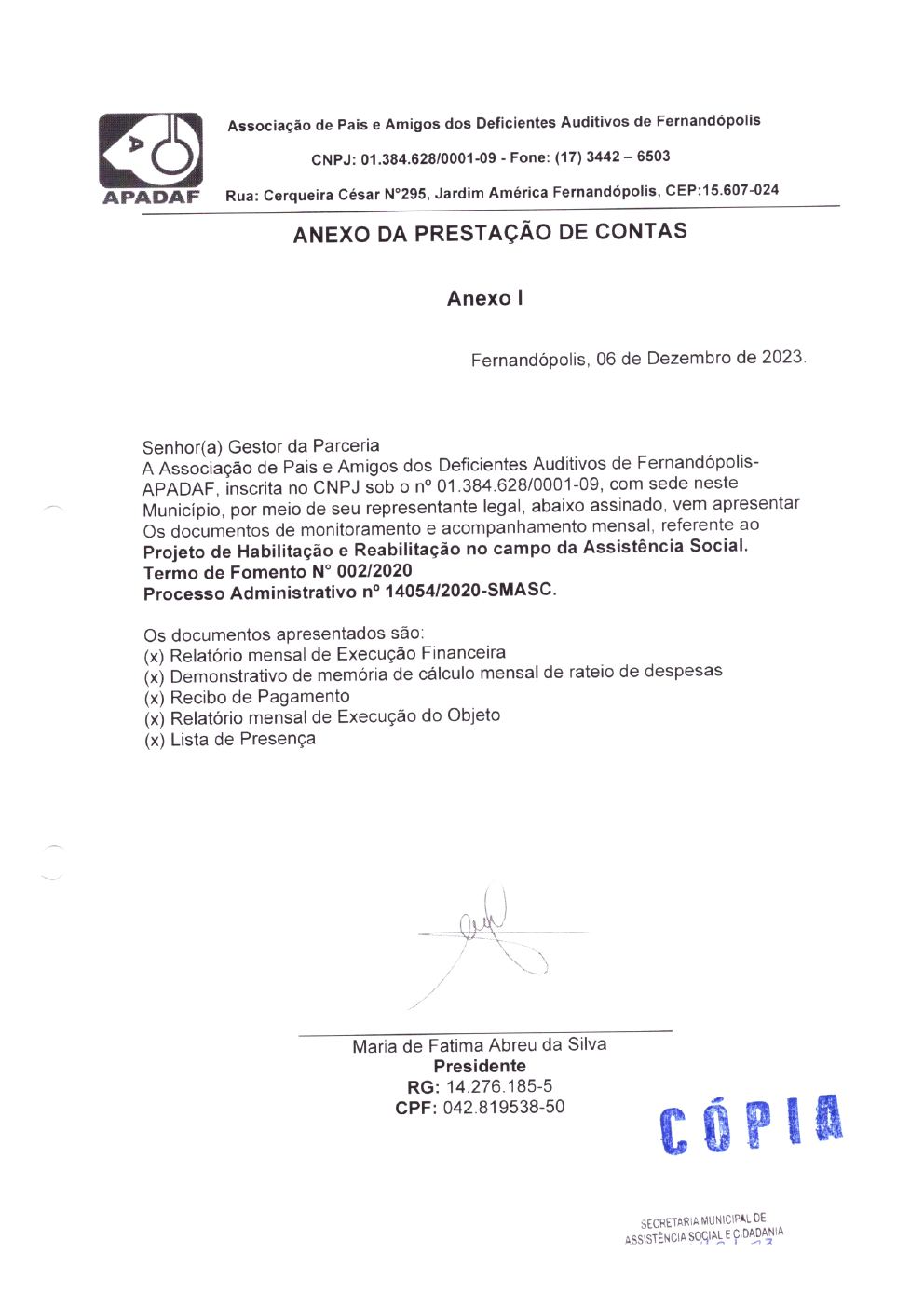 Página 1 de Prestação de Contas Mensal — Habilitação e Reabilitação — 11ª Parcela — Dezembro/2023