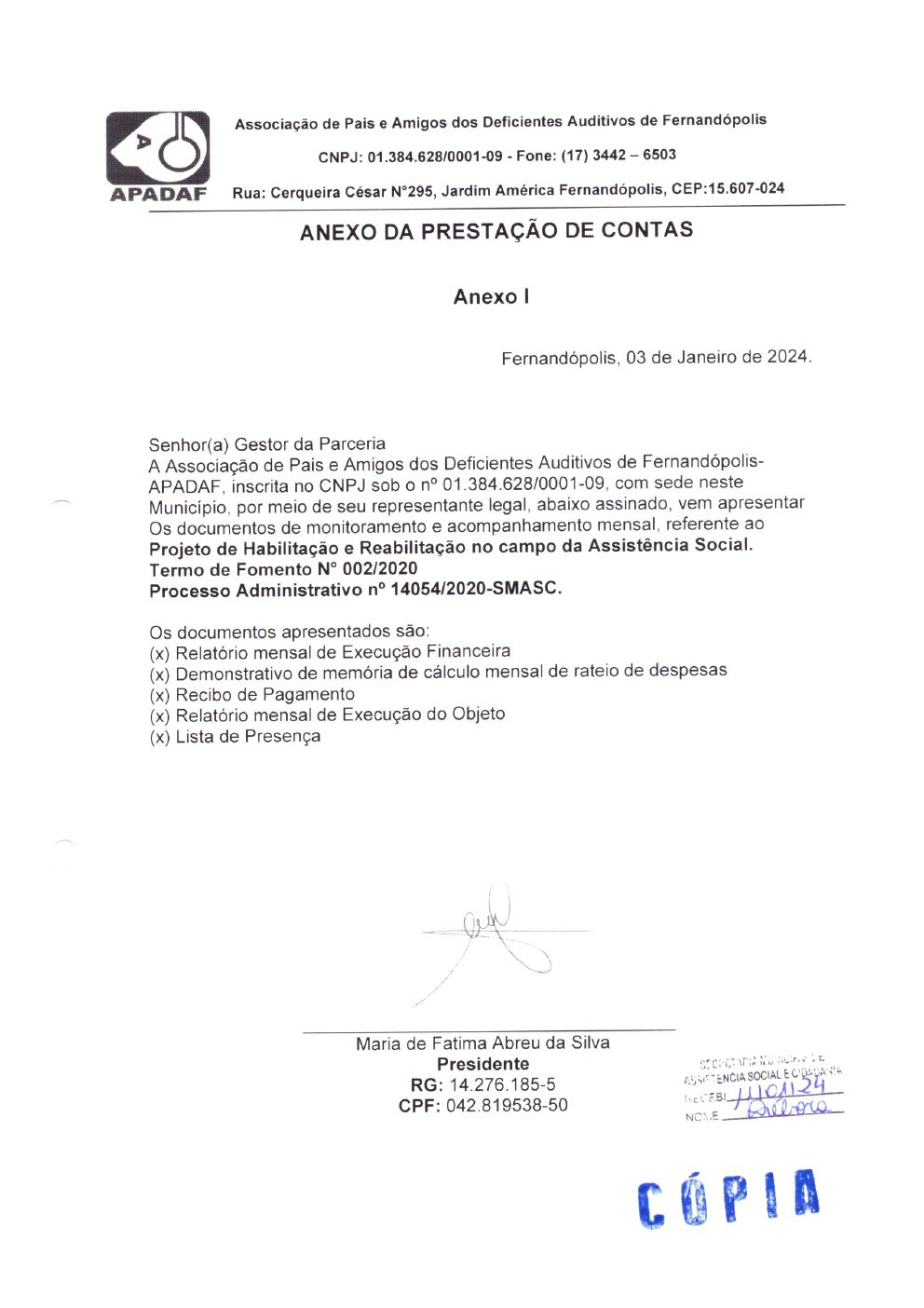 Página 1 de Prestação de Contas Mensal — Habilitação e Reabilitação — 12ª Parcela — Janeiro/2024