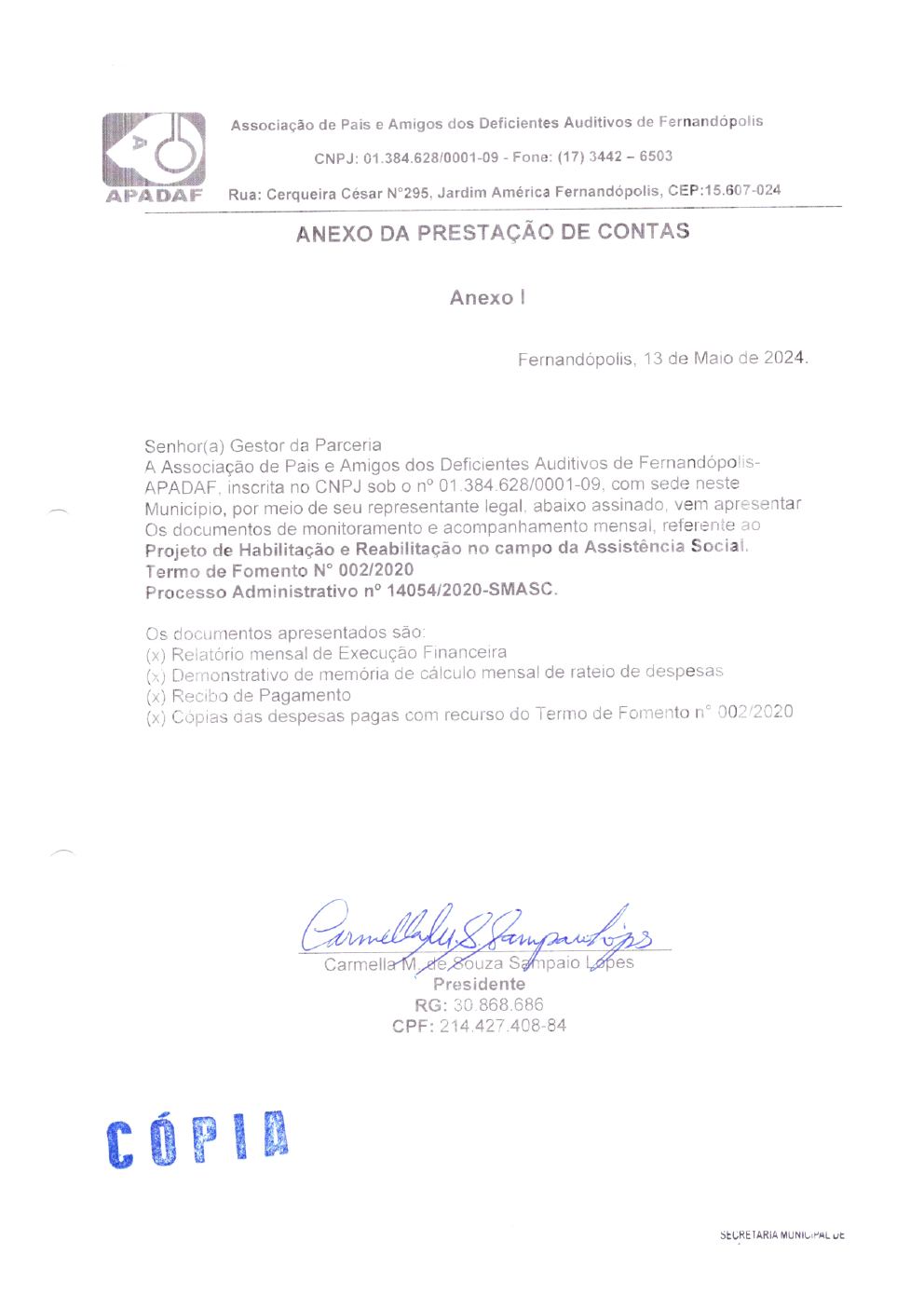 Página 1 de Prestação de Contas Mensal — Habilitação e Reabilitação — 1ª Parcela — Maio/2024