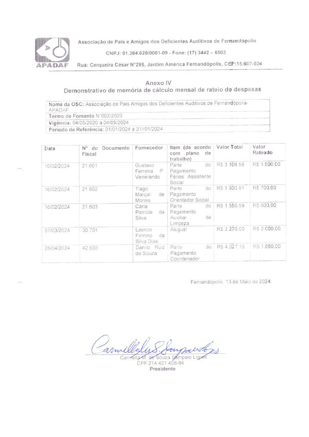 Página 4 de Prestação de Contas Mensal — Habilitação e Reabilitação — 1ª Parcela — Maio/2024