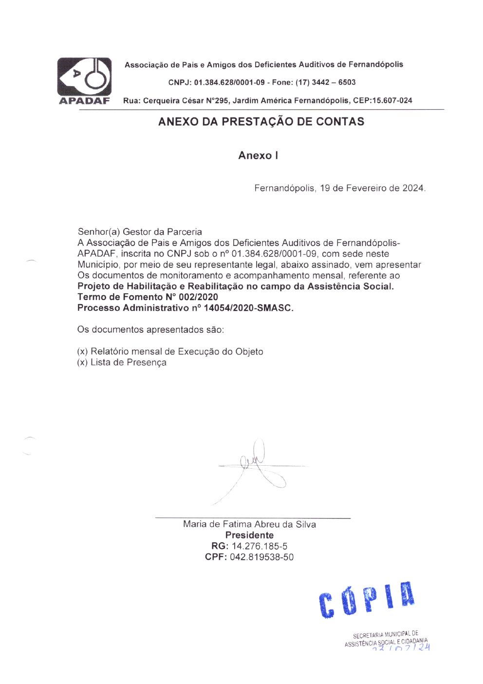 Página 10 de Prestação de Contas Mensal — Habilitação e Reabilitação — 1ª Parcela — Maio/2024