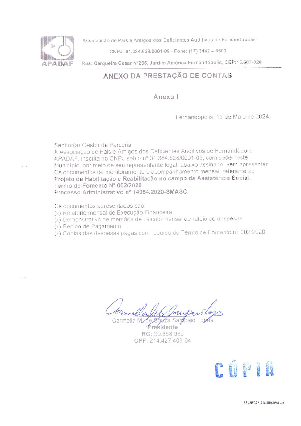 Página 1 de Prestação de Contas Mensal — Habilitação e Reabilitação — 2ª Parcela — Maio/2024