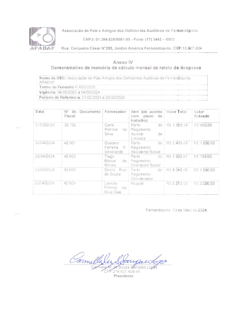 Página 4 de Prestação de Contas Mensal — Habilitação e Reabilitação — 2ª Parcela — Maio/2024