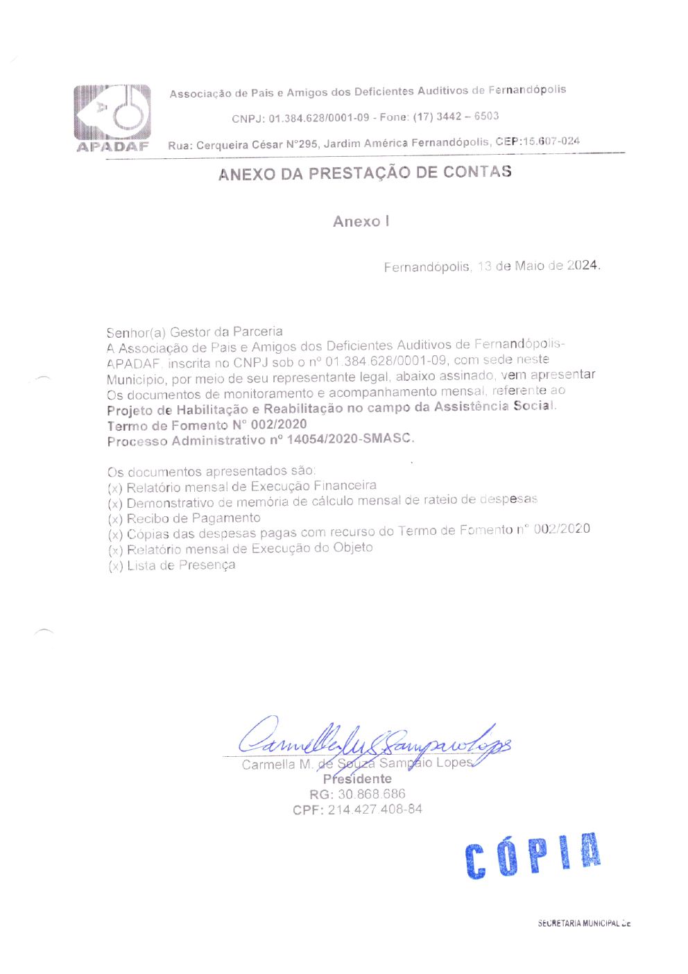 Página 1 de Prestação de Contas Mensal — Habilitação e Reabilitação — 3ª Parcela — Maio/2024
