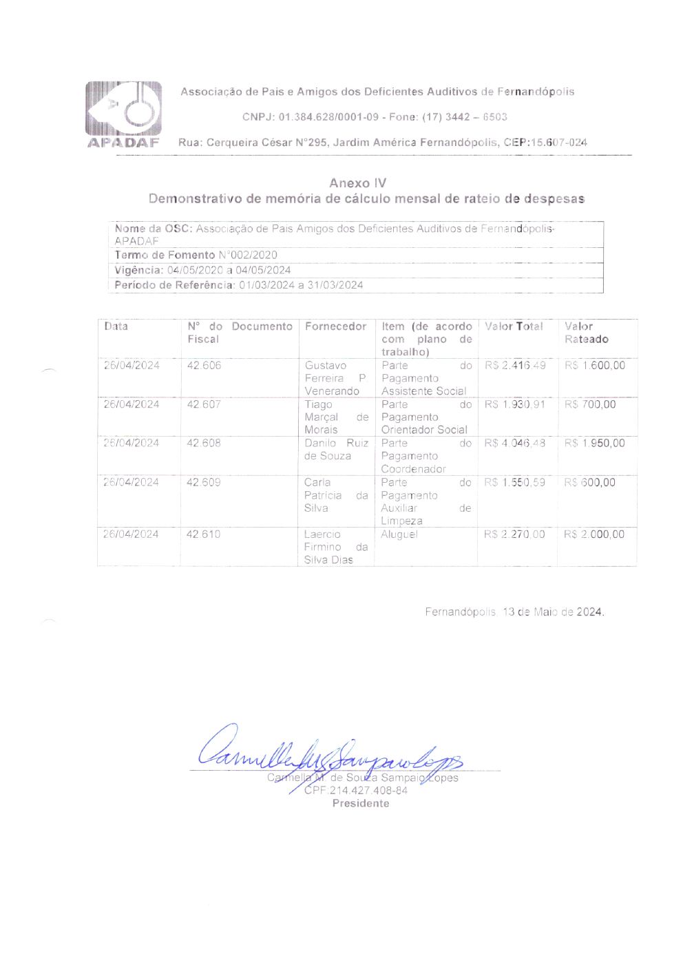Página 4 de Prestação de Contas Mensal — Habilitação e Reabilitação — 3ª Parcela — Maio/2024