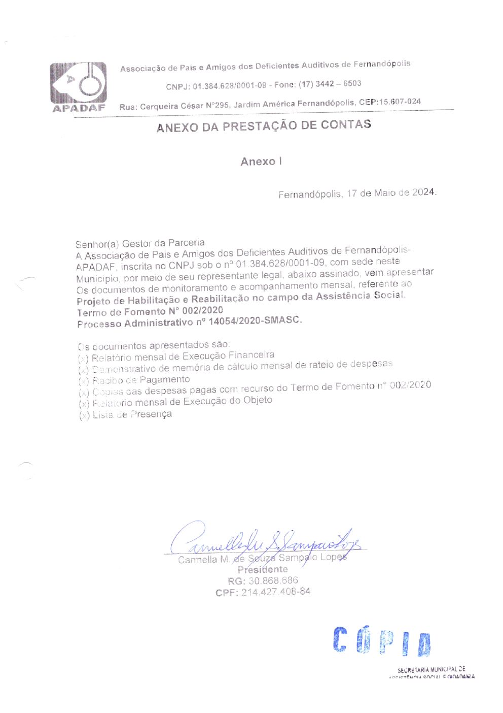 Página 1 de Prestação de Contas Mensal — Habilitação e Reabilitação — 4ª Parcela — Maio/2024