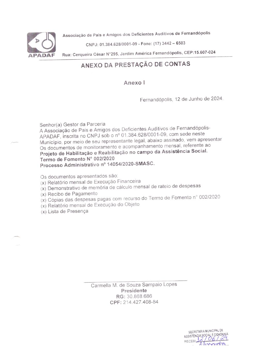 Página 1 de Prestação de Contas Mensal — Habilitação e Reabilitação — 5ª Parcela — Junho/2024